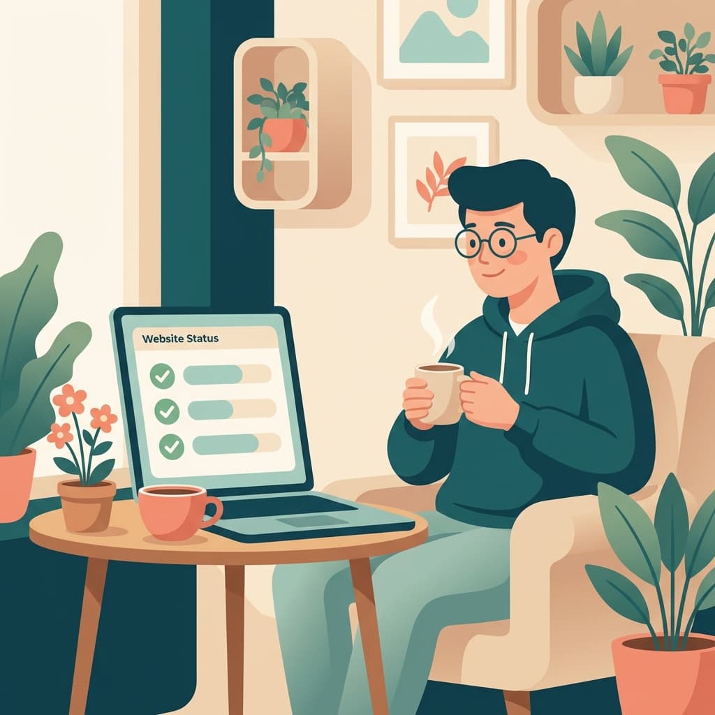 Relaxed business owner with website status dashboard showing all green checkmarks